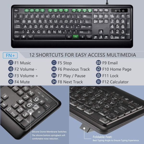 Large Print LED Backlit USB Wired Keyboard